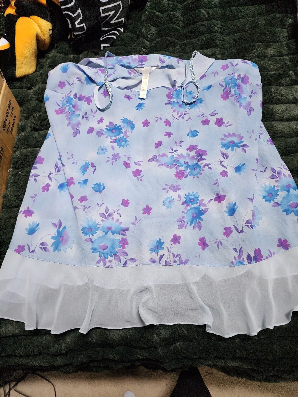 Light Blue & Purple Floral Chiffon Nightie with Ruffle Hem